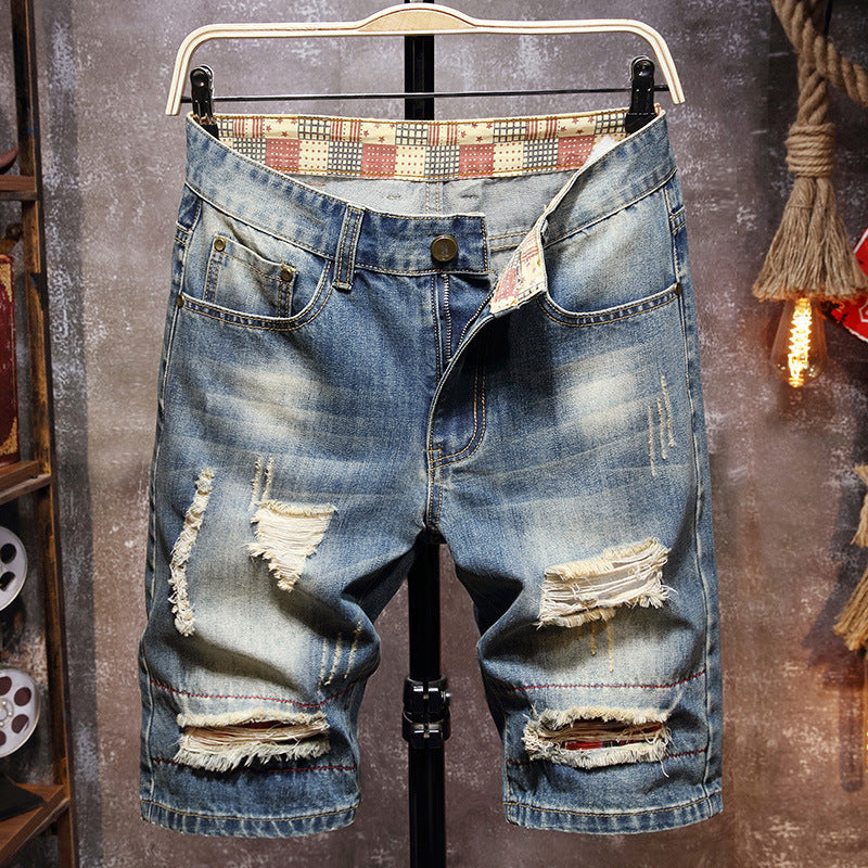 Herren Destroyed Denim-Shorts mit stylischen Rissen und Vintage-Details R&B