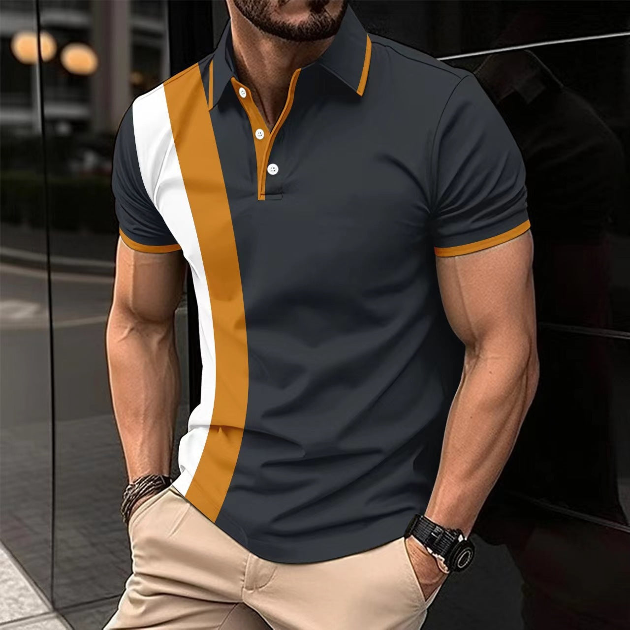 Herren kurzärmeliges Poloshirt mit modernen Farbblocks und atmungsaktivem Material R&B