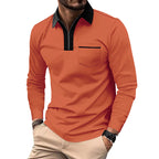 Herren Modisches Langarm-Polohemd mit Reißverschluss und Brusttasche R&B