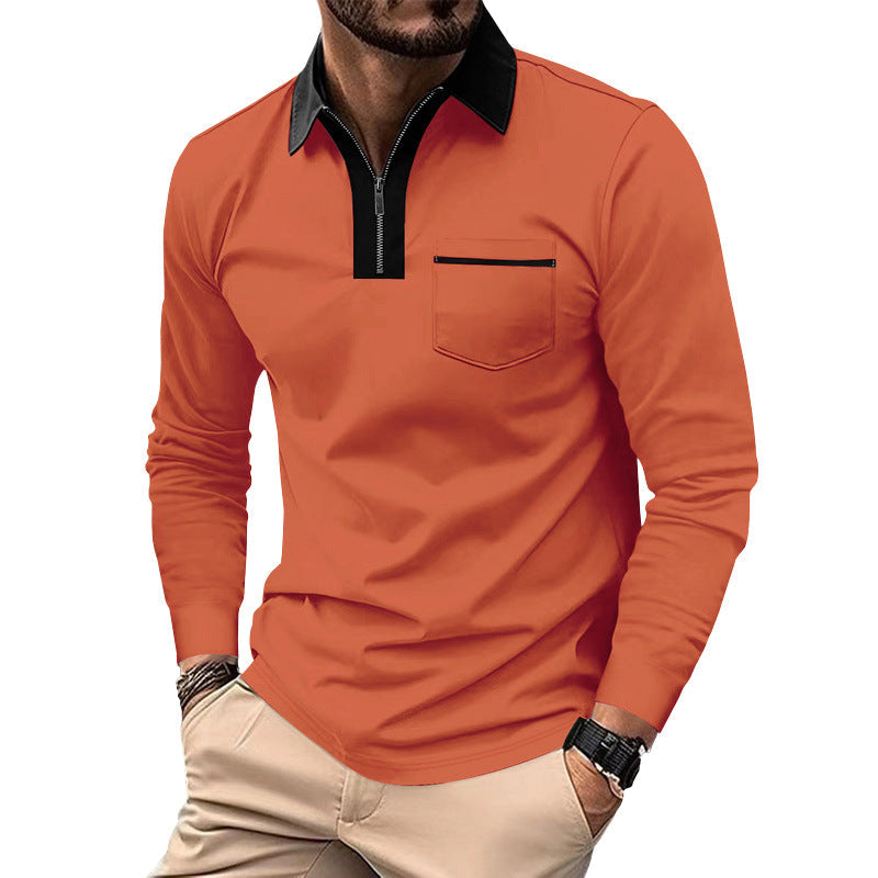 Herren Modisches Langarm-Polohemd mit Reißverschluss und Brusttasche R&B