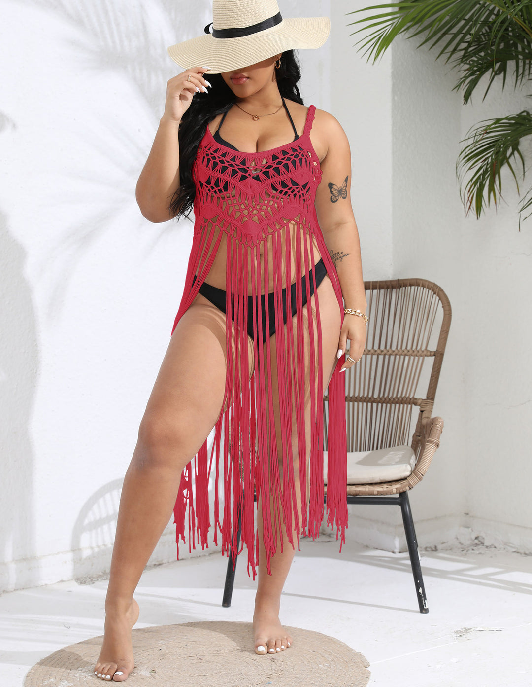 Damen gehäkelter Strandüberwurf mit fransenverziertem Design R&B