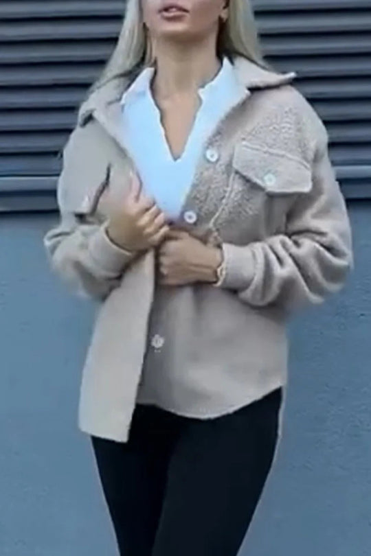 Damen Teddyjacke mit modischen Taschen und Knopfverschluss R&B