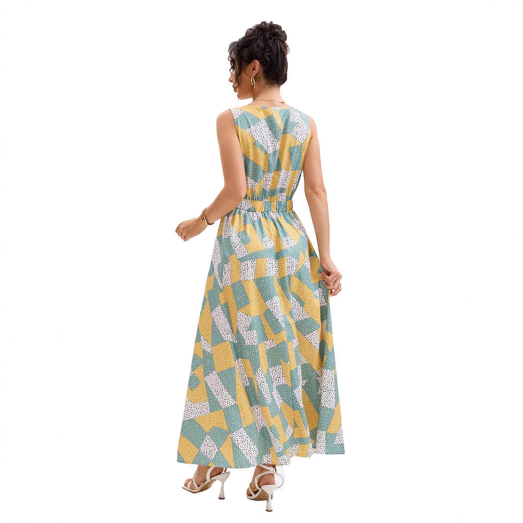 Damen Maxikleid mit tiefem V-Ausschnitt und modischem geometrischen Muster R&B