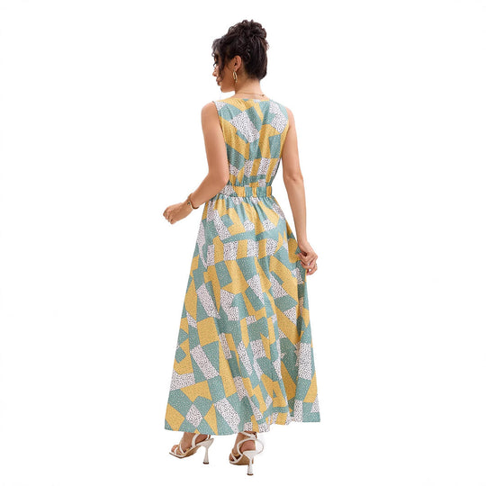 Damen Maxikleid mit tiefem V-Ausschnitt und modischem geometrischen Muster R&B