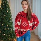 Damen gemusterter Weihnachtspullover mit festlichem Rentierdesign und Oversize-Schnitt R&B