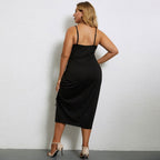 Damen lässiges Midi-Kleid mit verstellbaren Spagettiträgern und seitlichem Rüschendetail R&B