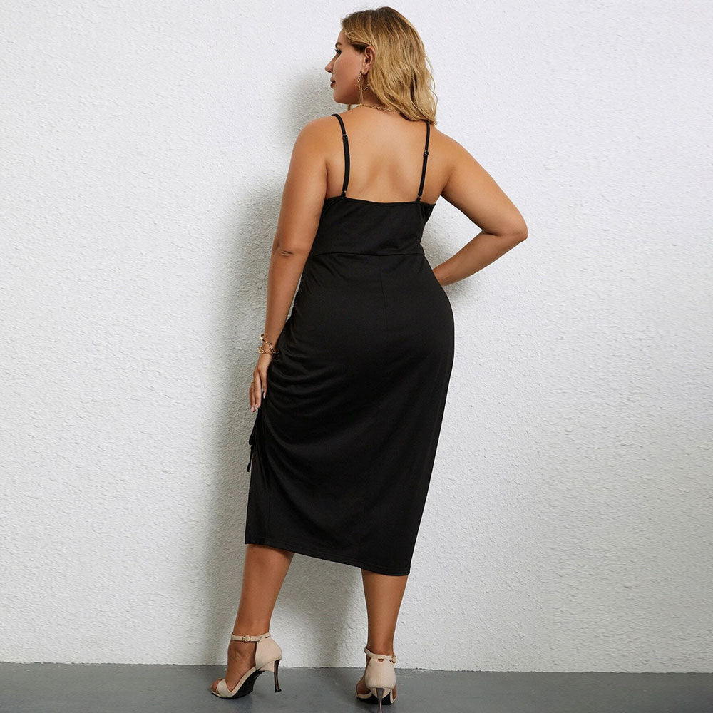 Damen lässiges Midi-Kleid mit verstellbaren Spagettiträgern und seitlichem Rüschendetail R&B
