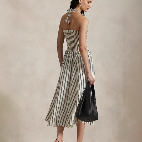 Damen nan Midikleid mit Smokoberteil, verstellbarem Halterband, weitem A-Linien-Rock und Eingrifftaschen R&B
