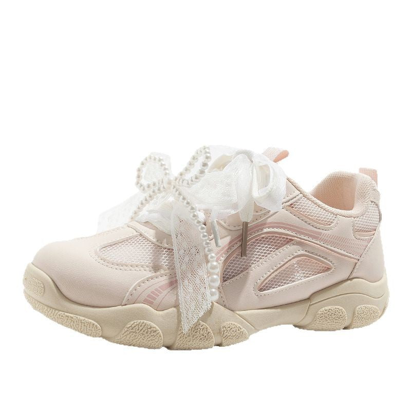 Damen Sportliche Sneakers mit dekorativen Perlenschnürsenkeln und atmungsaktiver Mesh-Oberfläche