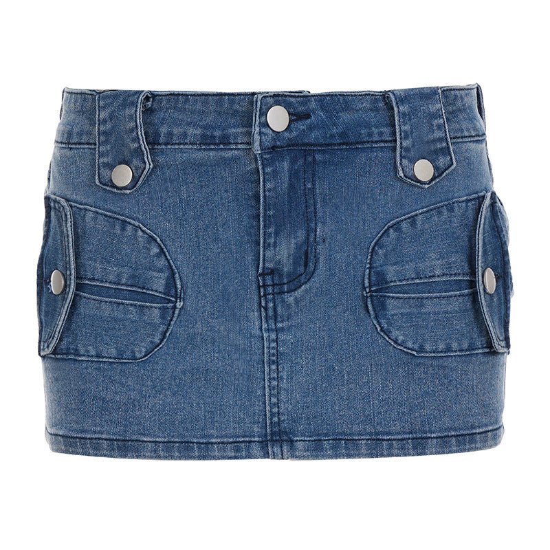 Damen Minirock aus Denim mit praktischen Taschen und Druckknopfverschluss R&B