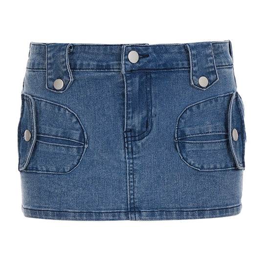 Damen Minirock aus Denim mit praktischen Taschen und Druckknopfverschluss R&B