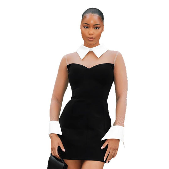 Damen Etuikleid mit transparenten Ärmeln und klassischem Hemdkragen R&B