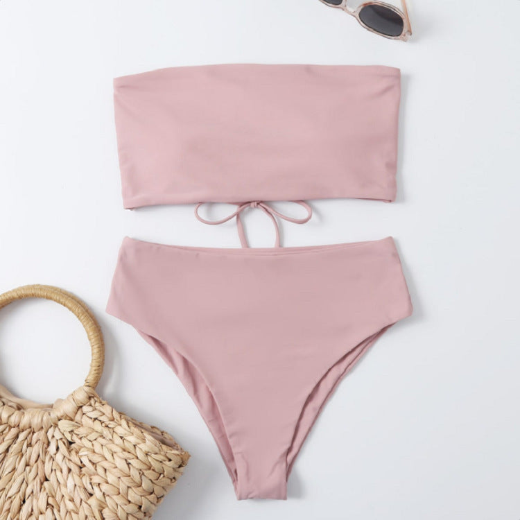 Damen Bandeau-Bikini-Set mit hohem Bund und raffiniertem Bindedetail R&B