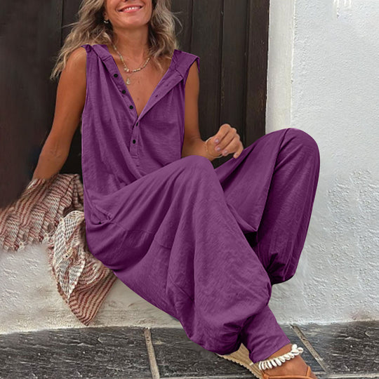 Damen Lässiger Jumpsuit mit Kapuze und Knopfdetails R&B