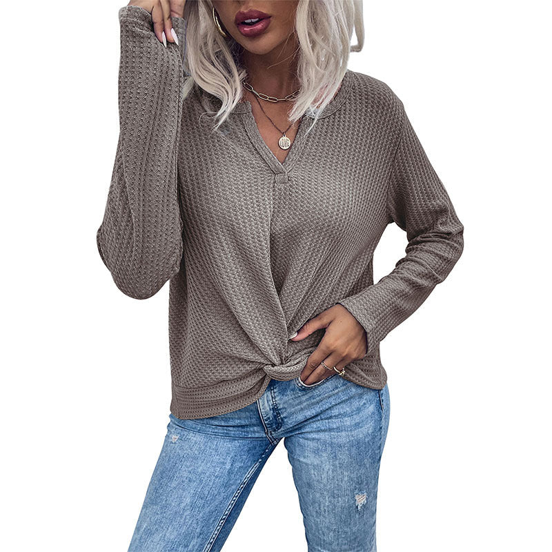 Damen lässiger V-Ausschnitt Pullover mit Knopfdetails und Knotendesign R&B