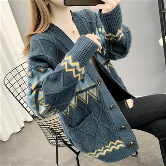 Damen Grobstrick-Cardigan mit modernem Muster und praktischen Taschen R&B