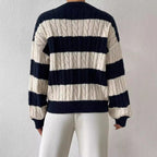 Damen nan gestreifter Grobstrick-Pullover mit Zopfmuster, tiefem V-Ausschnitt und oversized Passform R&B