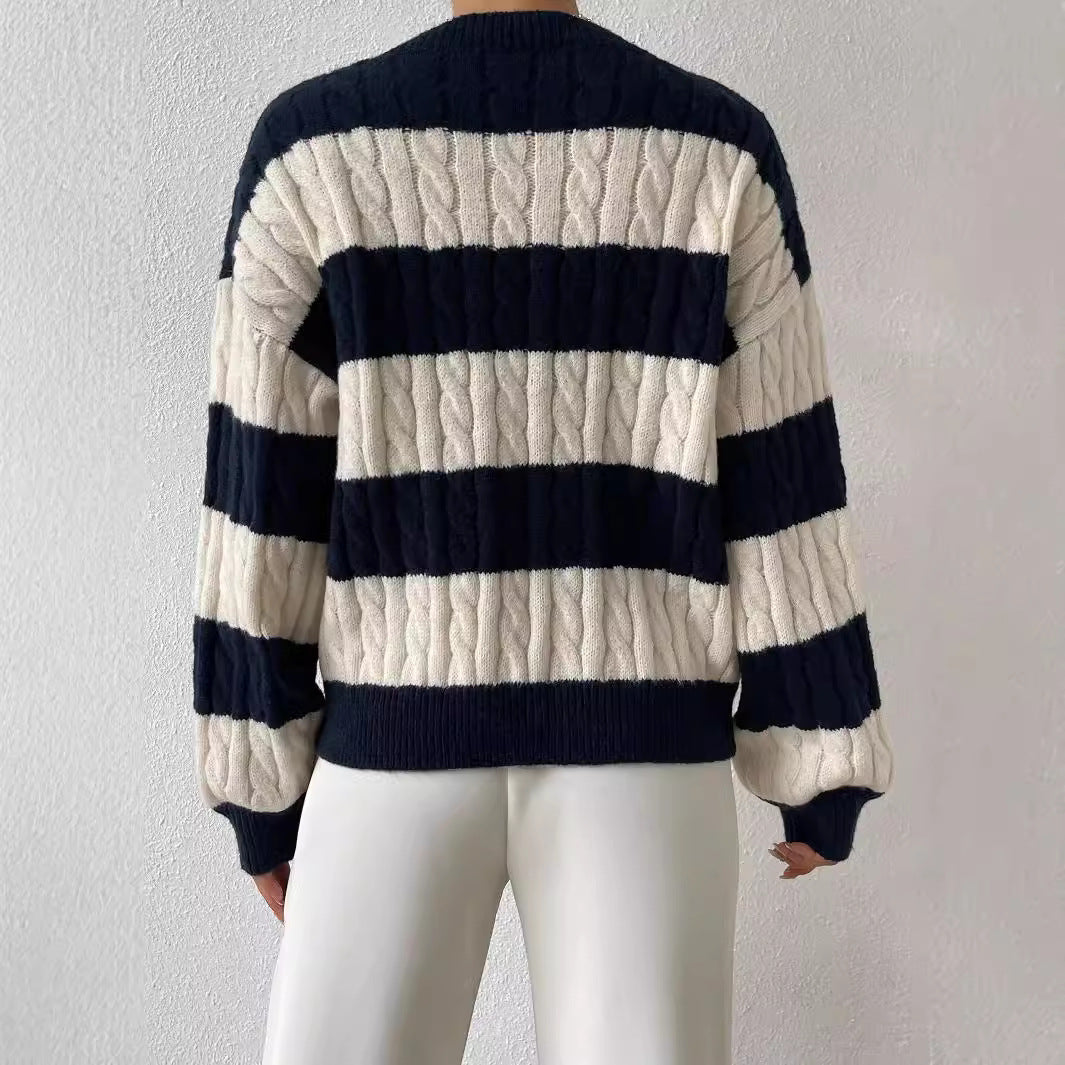 Damen nan gestreifter Grobstrick-Pullover mit Zopfmuster, tiefem V-Ausschnitt und oversized Passform R&B