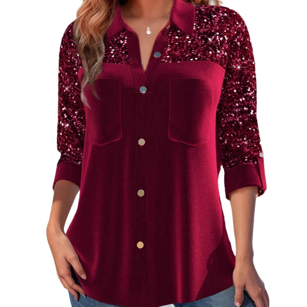 Damen nan Paillettenbesetzte Tunika-Bluse mit Hemdkragen, Brusttaschen und legerer Passform R&B