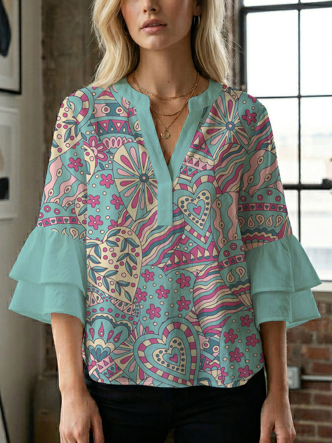 Damen elegantes Blusenshirt mit voluminösen Rüsenärmeln und grafischem Blumendesign R&B