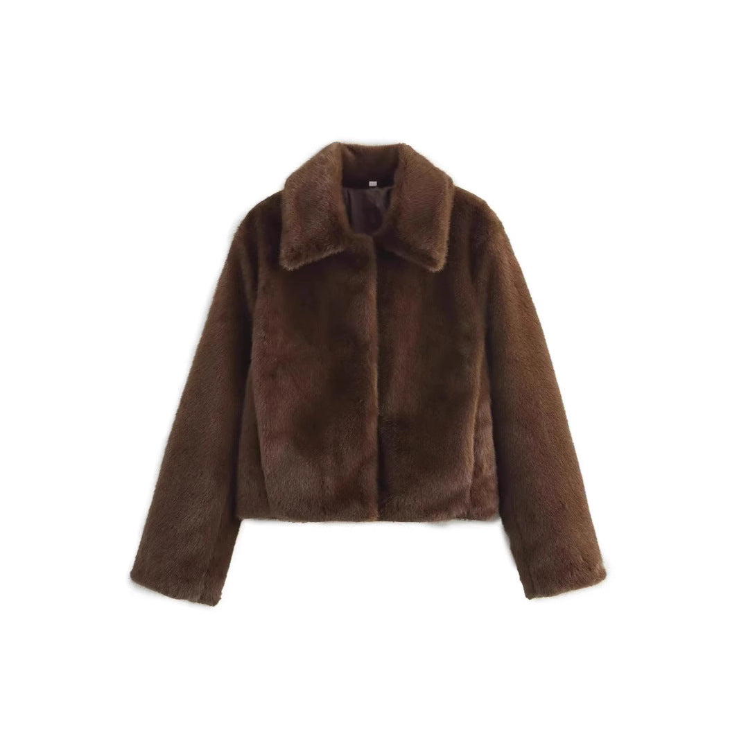 Damen Flauschige Kunstfelljacke mit elegantem Kragen und offenem Schnitt R&B