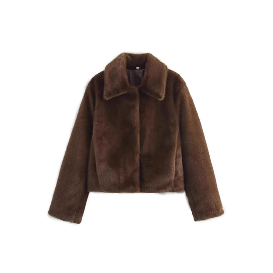 Damen Flauschige Kunstfelljacke mit elegantem Kragen und offenem Schnitt R&B