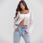 Damen Cropped Bluse mit Puffärmeln R&B