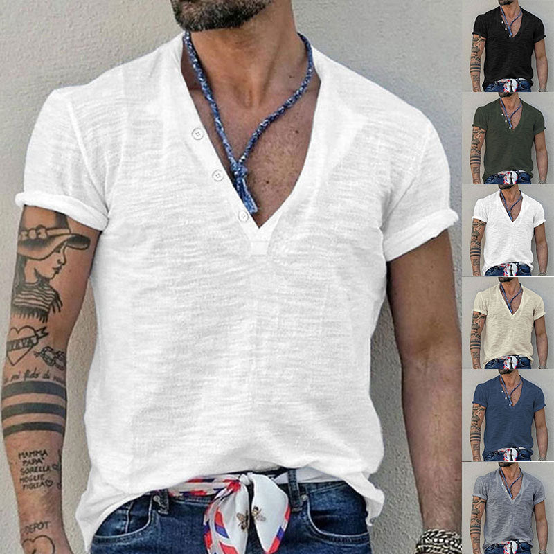 Herren Kurzarm Henley-Shirt mit dekorativen Knöpfen und atmungsaktiver Struktur R&B