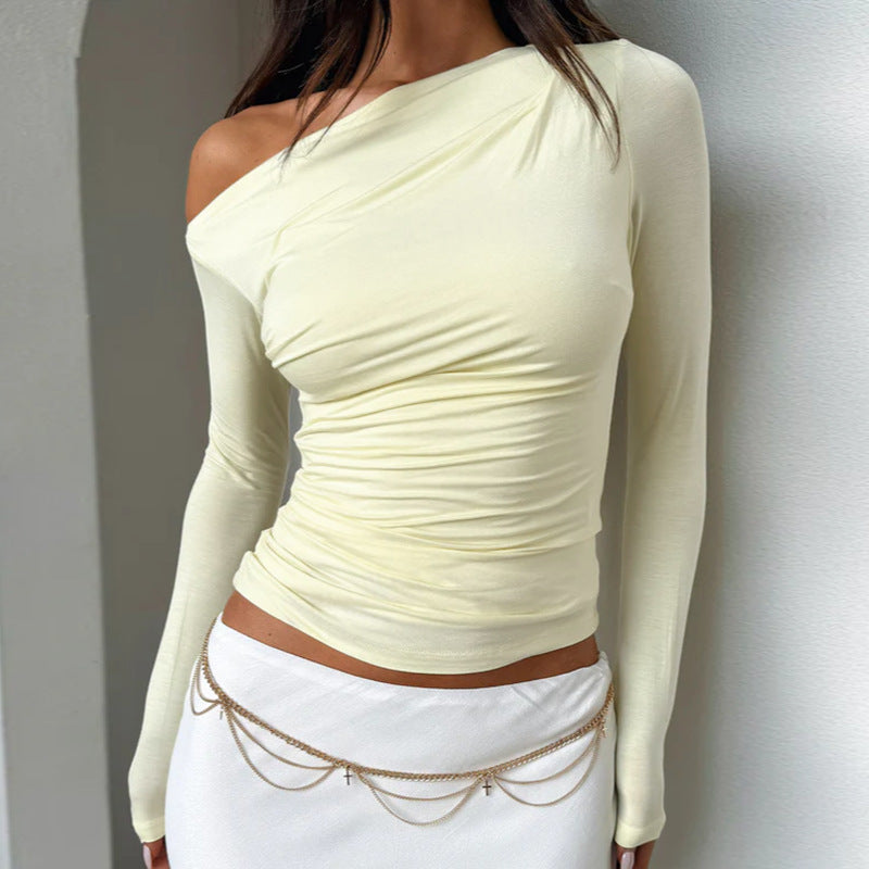 Damen Langarm-Crop-Top mit asymmetrischem Ausschnitt und Raffung R&B