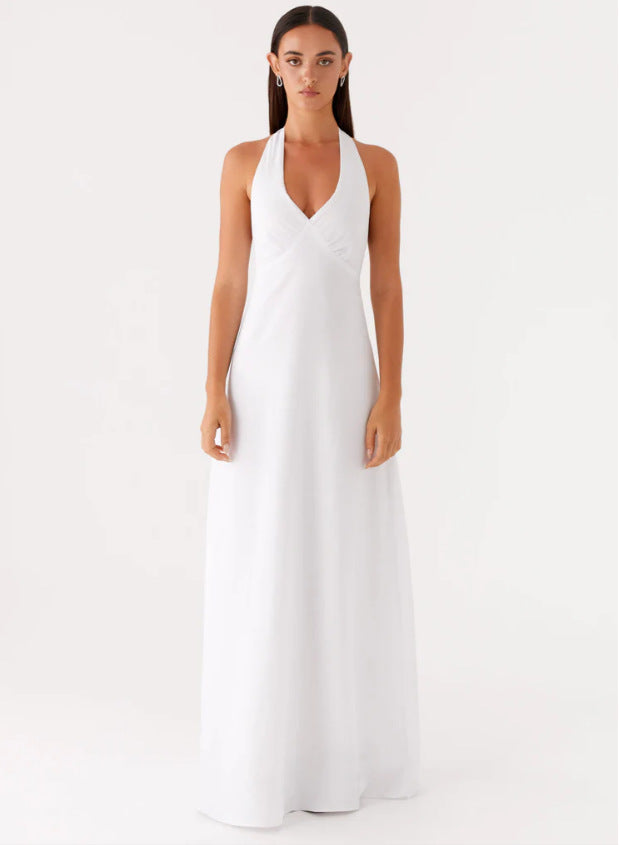 Damen Elegantes ärmelloses Hochzeitskleid mit Taillierungsband und fließendem Stoff R&B