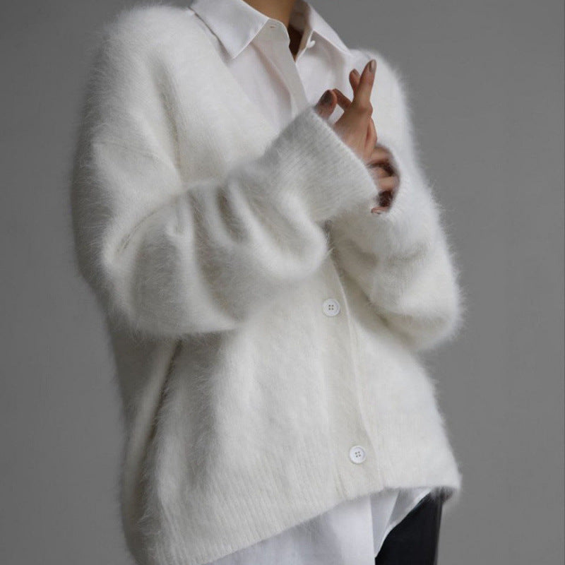 Damen flauschiger Cardigan mit V-Ausschnitt und übergroßem Schnitt R&B