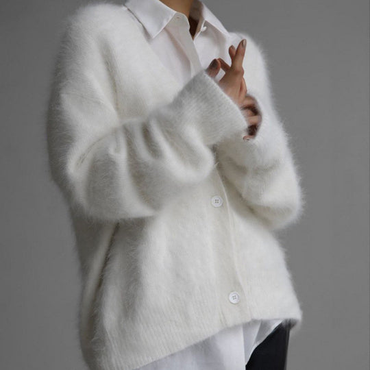 Damen flauschiger Cardigan mit V-Ausschnitt und übergroßem Schnitt R&B