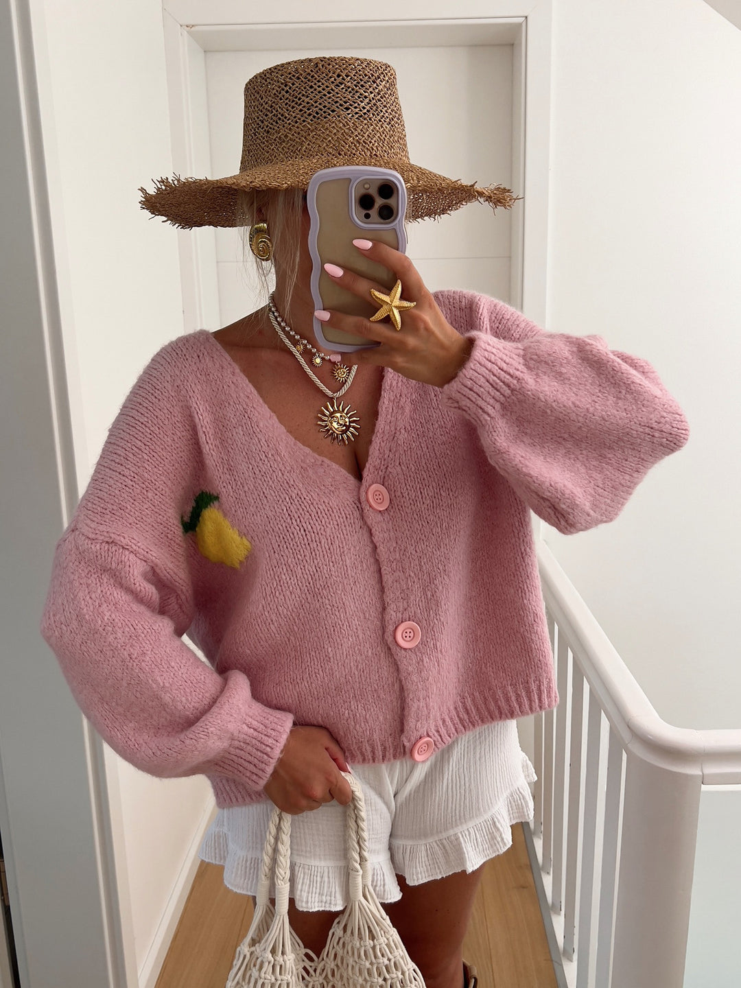 Damen Strickjacke mit fröhlichem Zitronenmotiv und Oversized-Schnitt R&B