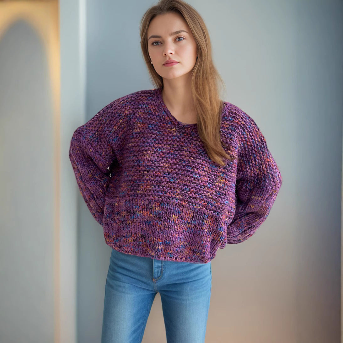 Damen grob gestrickter Pullover mit voluminösen Ärmeln R&B