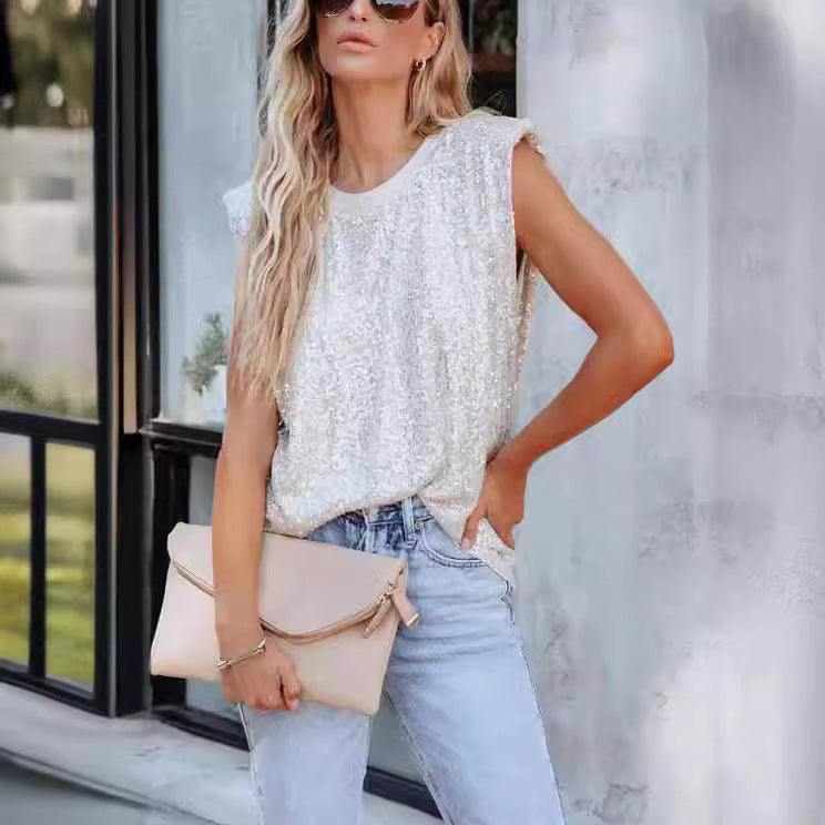 Damen Glitzernde Rundhalsbluse EB
