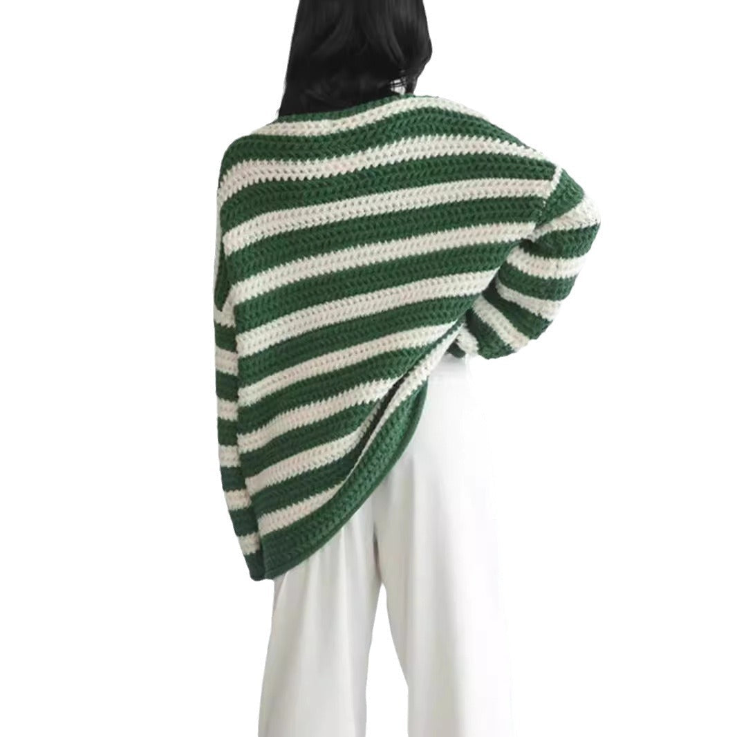 Damen lässiger gehäkelter Pullover mit modernen Blockstreifen R&B