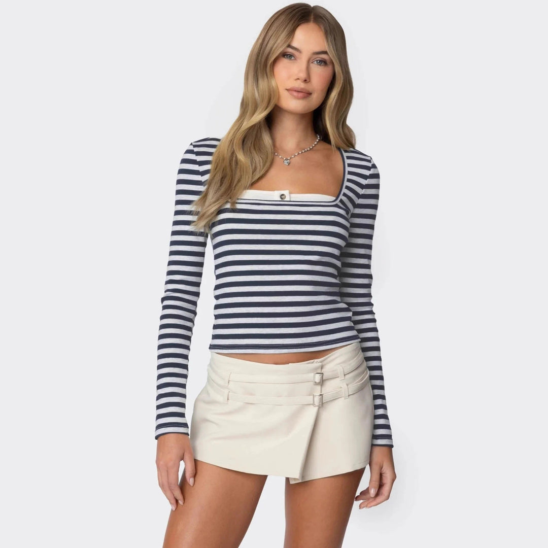 Damen Langarmshirt mit Quadrat-Ausschnitt und maritimem Streifenmuster R&B