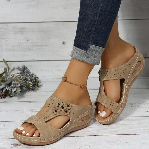 Damen Komfortable Mules mit modischem Cut-Out-Design und dekorativen Blumenapplikationen R&B