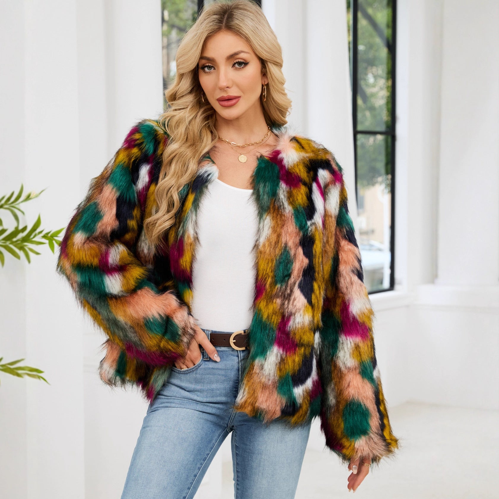 Damen Modische Kunstpelzjacke mit auffälligem Muster R&B