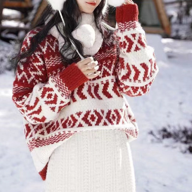 Damen gemütlicher Norwegerpullover mit dekorativem Muster und voluminösen Ärmeln R&B