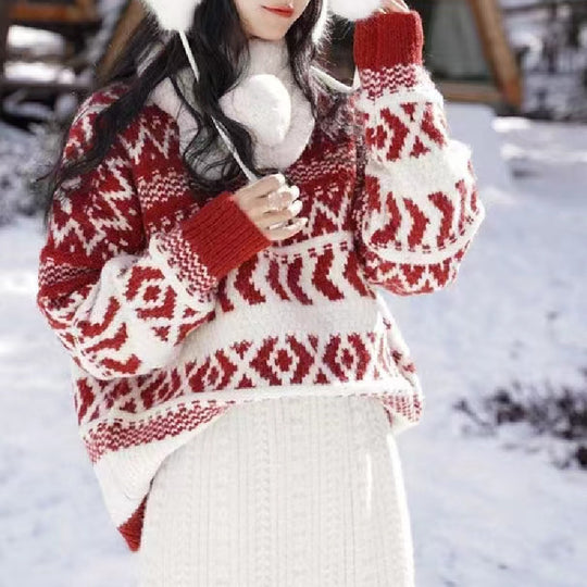 Damen gemütlicher Norwegerpullover mit dekorativem Muster und voluminösen Ärmeln R&B