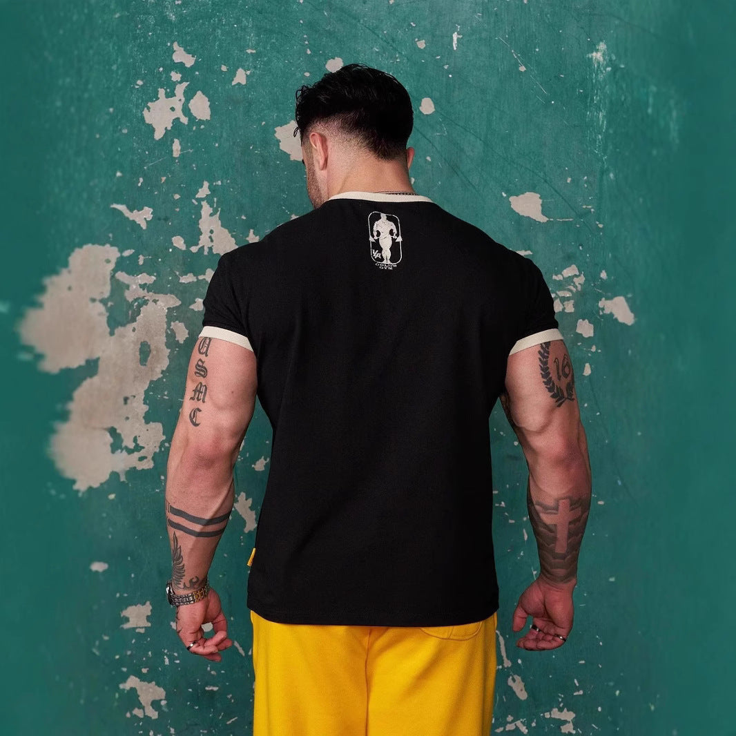 Herren nan Vintage Trainingsshirt mit Rundhalsausschnitt Kontrastbündchen und Retro-Bodybuilding-Druck R&B