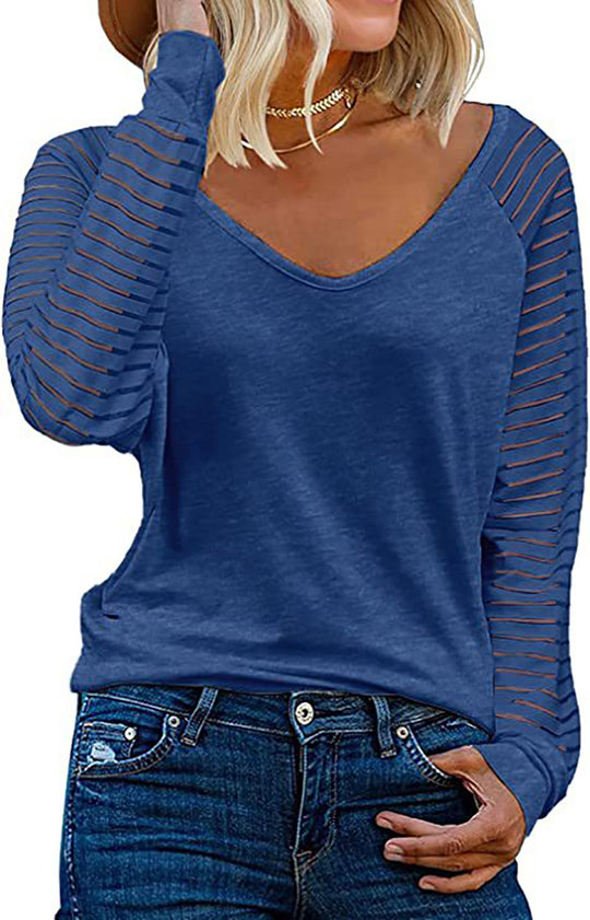 Damen Langärmliges V-Ausschnitt Shirt mit gestreiften Ärmeln R&B