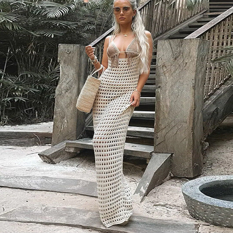 Damen gehäkeltes Maxikleid mit tiefem V-Ausschnitt und eleganter Schleifenverzierung R&B