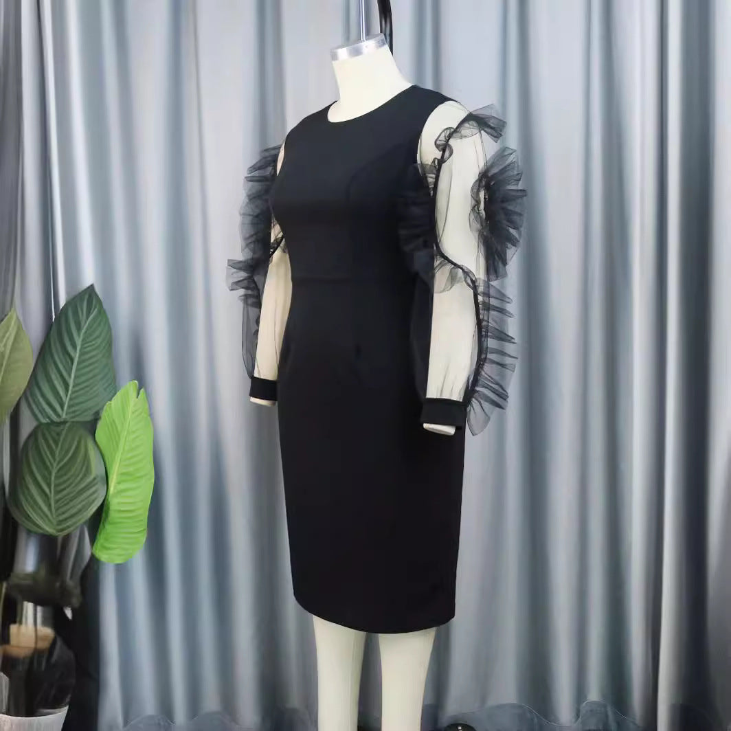 Damen Etuikleid mit voluminösen transparenten Puffärmeln R&B