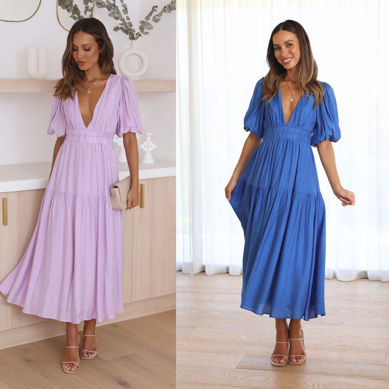 Damen Maxikleid mit tiefem V-Ausschnitt und schwingendem Rock R&B