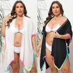 Damen Strandüberwurf mit buntem Pompon-Rand R&B