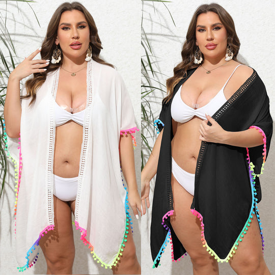 Damen Strandüberwurf mit buntem Pompon-Rand R&B
