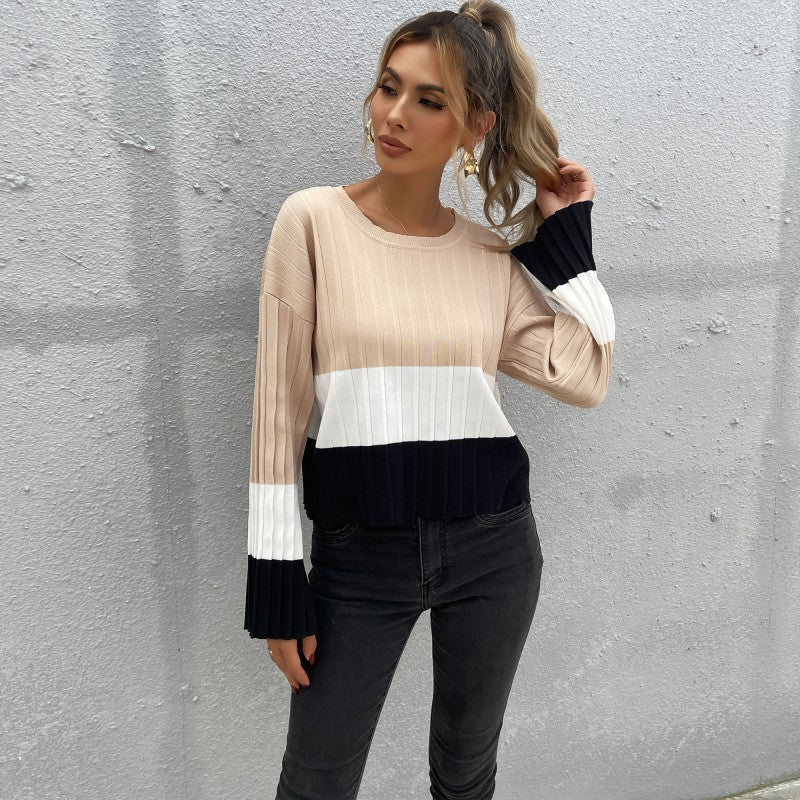 Damen Strickpullover mit modischem Blockstreifen-Design und weiten Ärmeln R&B