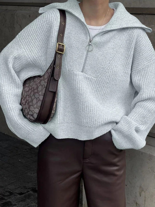Damen Strickpullover mit Reißverschluss und lässigem Schnitt R&B